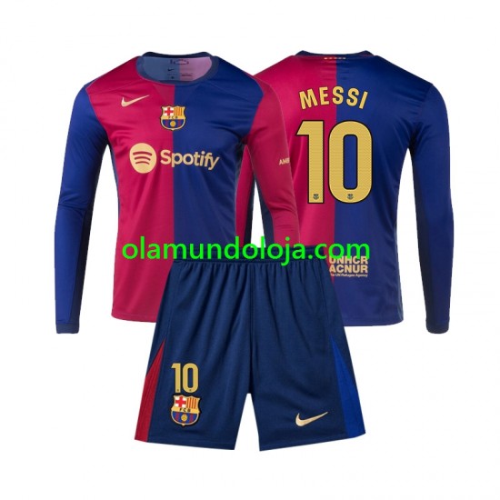 Camisola FC Barcelona Lionel Messi 10 Criança Equipamento Primeiro 2024-2025 Manga Comprida